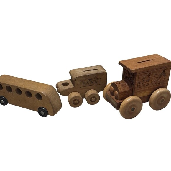 Other - Vintage Wood Car Vehicle 80s‎ 70s Savings Bank Piggy Bank Set Of 3 Toys
